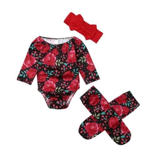 Toddler Girl Clothes Newborn Infant Kids Baby Girl Long Sleeve Floral Print Bodysuit Jumpsuit Outfit Socks Clothes Set