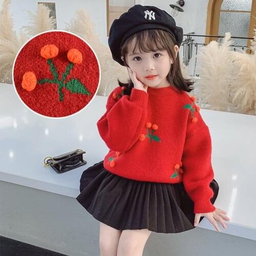 Baby Girls Clothes Warm Sweaters Red Cartoon Cherry Hairball Woollen pullovers Sweater Girls 2 3 4 5 6 7 Years Children Kids A/W