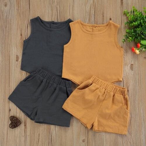 OPPERIAYA 2Pcs Kids Summer Tracksuit Solid Color Sleeveless Tank Tops Pockets Elastic Waist Shorts for Baby Girls Boys 2-7 Years