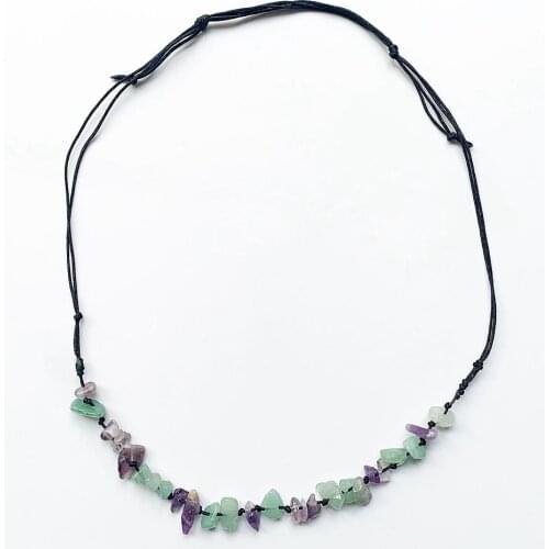 Black Cord Necklace Adjustable Natural Green Aventurine Stone Chips Purple Crystal Geometric Beads Jewellery Creative Handmade