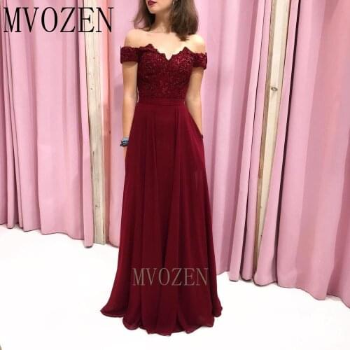Simple Burgundy Evening Dresses Chiffon A-Line Off The Shoulder Embroidery Long Evening Dress Formal Gowns Party Dress