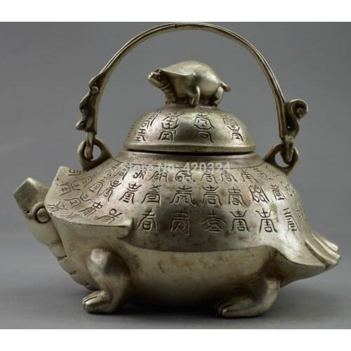 Old Handwork Tibet Silver Carved Tortoise Big Teapot exquisite Marble Art Rare Vintage Decoration real Tibetan Silver Brass