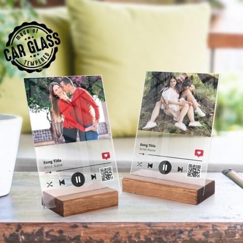 Glass Music Board with Wooden Stand - Custom Song Plaque - Customize Photo Frame with your Favorite Song - Song Music Code