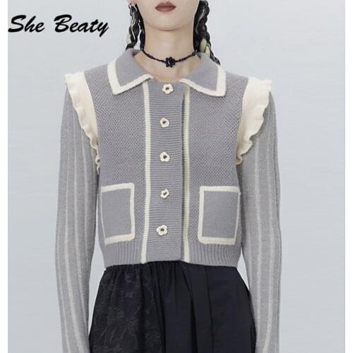 She Beaty Gray Knitted Sweater Cardigans Turn-Down Collar Single Breasted Vintage Elegant Pocket Korean Fashion Traf Tops Mujer