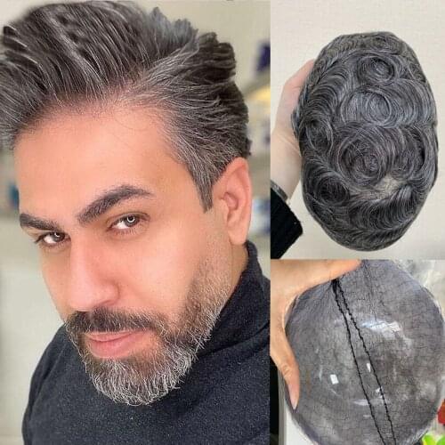 Dark Grey Straight Toupee 1B Brazilian Remy Hair Mixed Grey Hair Wigs For Men 10x8 Whole Skin PU Around