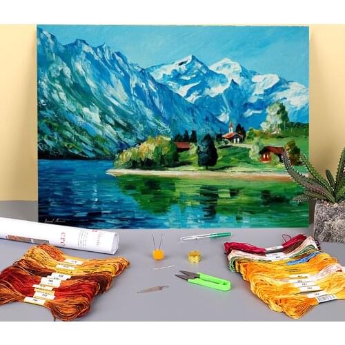 Icy Mountain Printed Fabric 11CT Cross Stitch DIY Embroidery Full Kit DMC Threads work Knitting Hobby Handmade Stamped