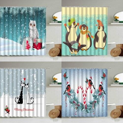 Cartoon Christmas Shower Curtain Child Bathroom Decor Fun Owl Penguin Animals Winter Snow Scene Happy New Year Screen With hooks