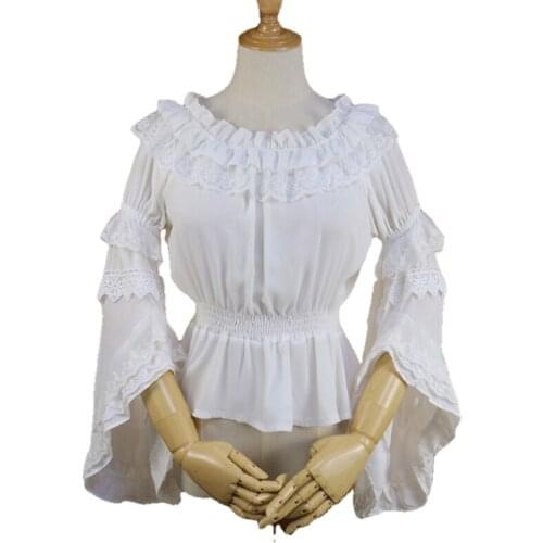 Lolita Lady Lace Chiffon Blouse Women Flare Long Sleeve O-Neck White Feminine Blouses 2021 Spring Ladies Tops