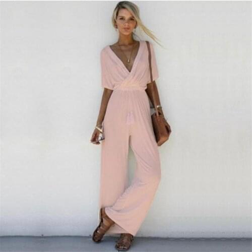Women Elegant V-Neck Fashion Clubwear Wide Leg Slim Jumpsuits Summer Loose Short Sleeve Casual Jumpsuit Ladies Long Pants Romper