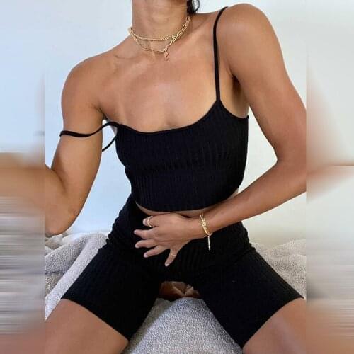 2021 Knitting Y2k Khaki 2 Piece Set Women Clothing Knitting Sleeveless Crop Top+short Pant Female High Waist Leggings Sport Suit