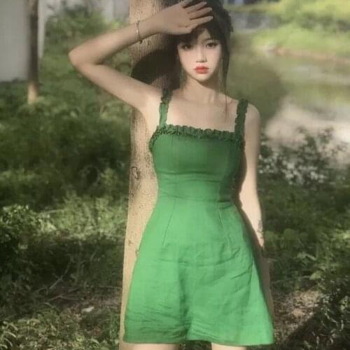 Bella Summer 2021 new Sweet Green Strap Dress Women Vintage Kawaii Sexy Backless Solid Mini Dress High Street Ruffle Slim Dress