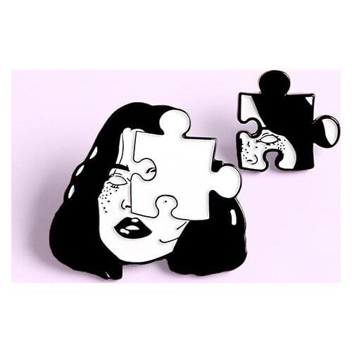 Black And White Simple Girls Head Expressionless Intellectuality Woman With Eyes Closed Brooch For Women Splicing Block Badge