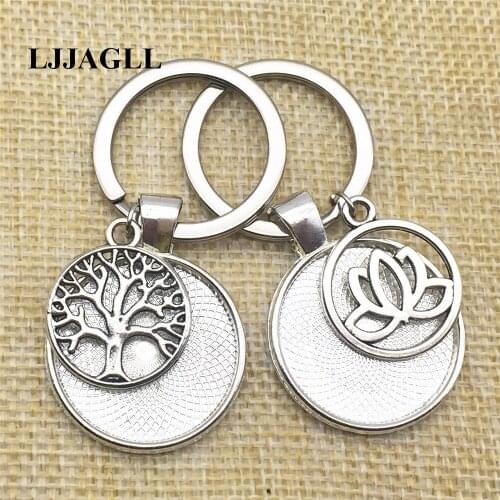 Mixed 5pcs Plant Life Tree Charms Alloy Lotus Pendant Keychain Fit 25mm Dia Flower Base Key Ring Chain Diy Jewelry Make AYSQ214
