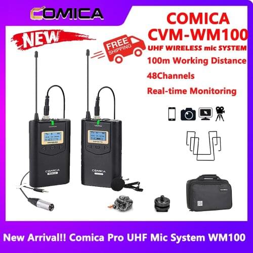 Comica CVM-WM100 UHF 48 Channels Professional Wireless Lapel Microphone System for Canon Nikon Sony DSLR Cameras and Smartphone