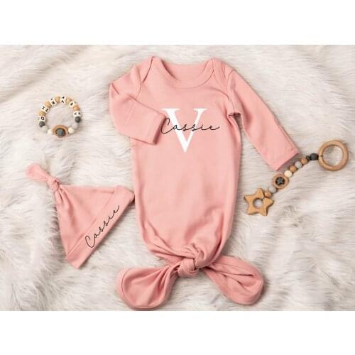 Custom Baby Gown & Baby Hat Personalized Newborn Coming Home Outfit Pajamas Baby Shower Gift Take Home Outfit Knotted Baby Gown