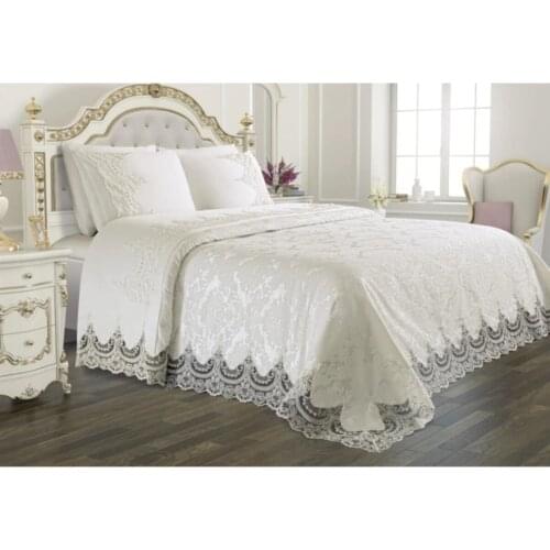 Elegant French Laced Guipure Double Pique Set 6Pcs Embroidered Pillowcases Bedspread/Bed Cover Quality Bed Lining Cream - ARS