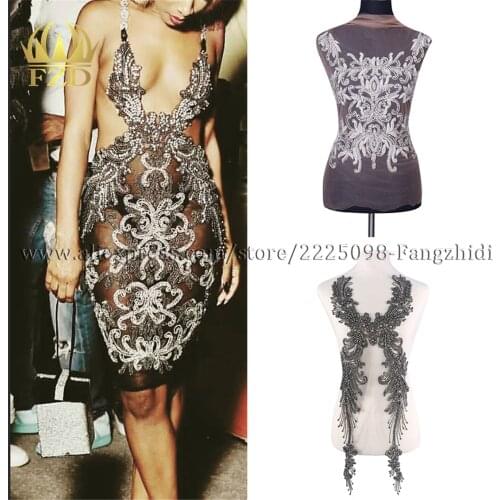 FZD 1 Piece Tasseled stone clothing Beaded Rhinestone Applique Patches with Gauze pompom and Evening Dress diy Craft stripes