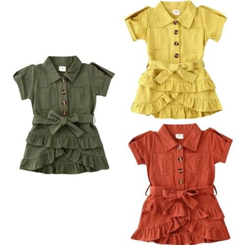2-7Y Kid Baby Girls Summer Dress Solid Short Sleeve Ruffles A-Line Mini Dress+Belt