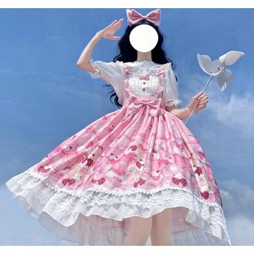 Sweet Cute Lolita Kawaii Dress Women Vintage Lace Ruffle Bear Print Bow Pink Midi Dresses Girls Tea Party Lolita Strap JSK Dress