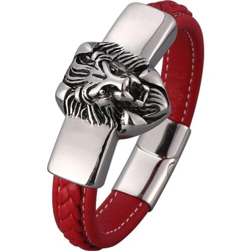 Trendy Red Leather Men Bracelet Lion Head Stainless Steel Magnetic Buckle Punk Rock Bangles Male Wristband Party Jewelry PD0827