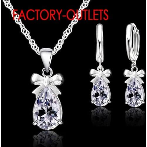 925 Sterling Silver Water Drop Shape Pendant Necklace Earrings Sets Austrian Cubic Zirconia Female Party Engagement