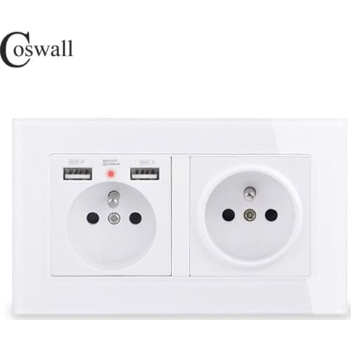 COSWALL Double French Standard Wall Socket With 2 USB Charge Port Hidden Soft LED Indicator Crystal Glass Panel Black White Grey