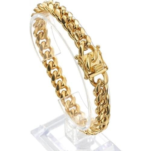Charming 12mm Metal Stainless Steel Gold Tone Miami Cuban Curb Link Chain Biker Jewelry Men/Womens Bracelet Bangle New Wristband