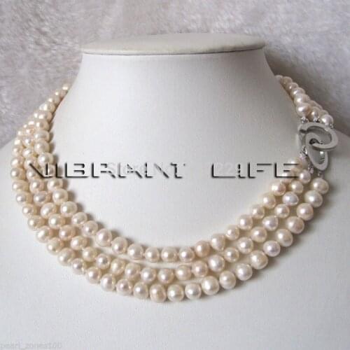 Wholesale price ^^^ 17-19" 6-8mm 3Row White Freshwater Pearl Necklace Natural Color