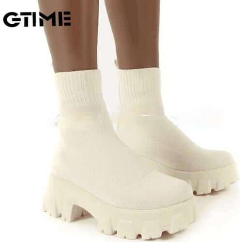 Autumn New Socks Shoes Woman Stretch Fabric Mid-Calf Casual Platform Boots Net Red Knitted Short Boots Women Plus Size#SJPAE-625