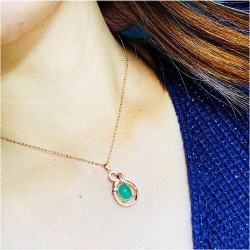Natural Green Chalcedony Clavicle Chain Necklace Pendant Simple 925 Silver Inlaid Retro Women Jewelry Bijoux Fantaisie Femme