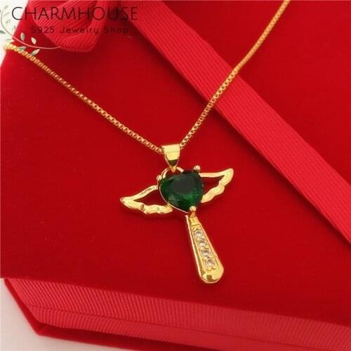 Real Gold Plated Necklaces For Women Cubic Zircon Heart Wing Pendant & Necklace 24K Jewelry Accessories Collier Femme