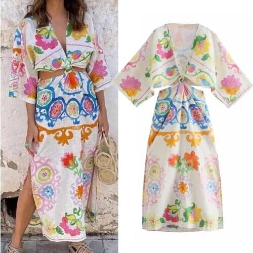 TRAF Za Cut Out Dress Woman Print Long Dress Women Fashion Knot Vintage Midi Summer Dresses 2021 Ladies Boho Beach Dresses