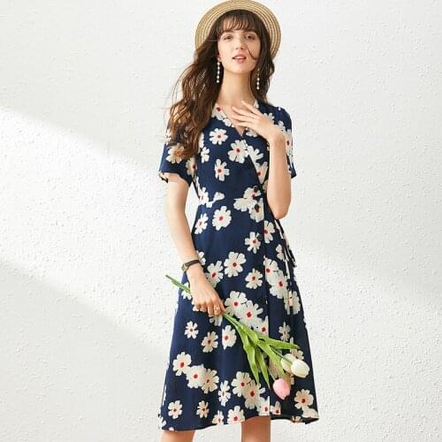 Dresses For Women Summer Fashion Flowers Printed V-Neck Short Sleeved Slim Waist A-Line Dress Female S-XL