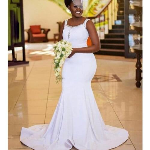 Simple Long Sweep Plus Size Wedding Dresses with Beaded Spaghetti Straps Wedding Gowns Mermaid Bridal Dress China