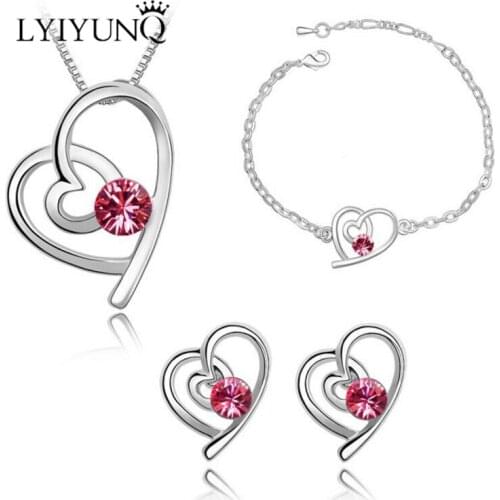LYIYUNQ Romantic Heart Crystal Jewelry Sets Cute Round Rhinestone Earrings Pendant Necklace Bracelets Wedding Jewelry Set