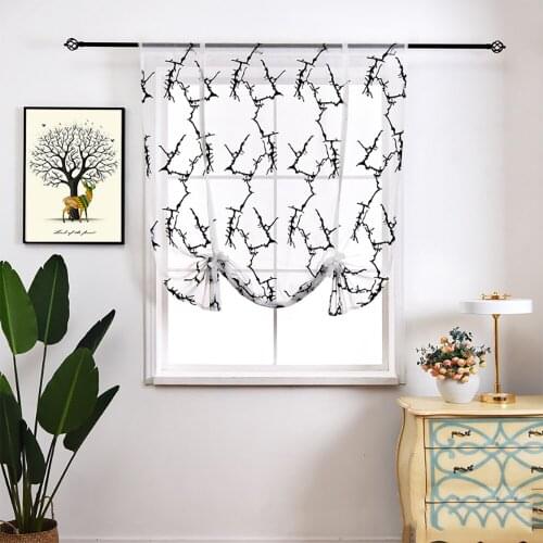 Tulle Roman Curtains White Black Tree branch Embroidered Kitchen Curtains Sheer Fabrics Roman Panel Curtains Valance Curtain