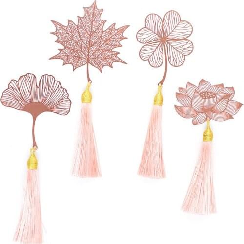 Vintage Metal Bookmark Chinese Style Leaf Veins Rose Gold Hollow Maple Leaf Tassel Apricot Leaf Bookmark for Stationery Gifts