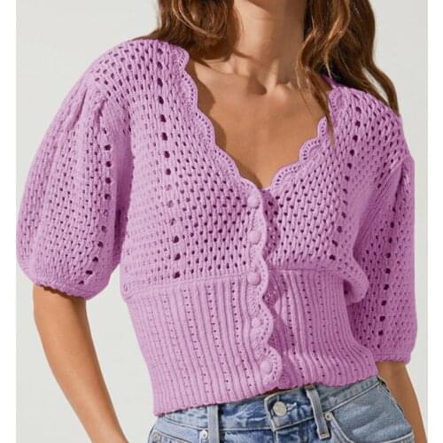 Summer Women Knitwear Sweater Solid Puff Sleeve Hollow Out Crochet Flower Cardigan Top Elegant Single Breasted Knit Crop Top New