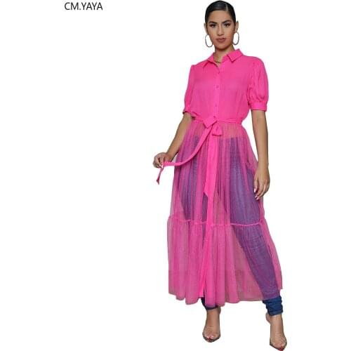 CM.YAYA Women Mesh See Though Patchwork Long Dress Streetwear Fashion Short Sleeve Blouses Maxi Dresses Vestidos