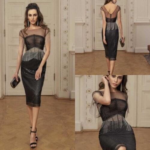 2020 Evening Dresses Scoop Neck Capped Sleeves Lace Beading Special Occasion Gowns Custom Made Tea-Length Prom Dress