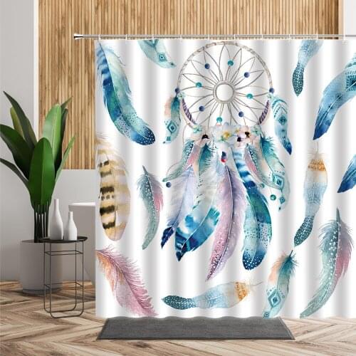 Bohemian Feather Shower Curtain Color Dreamcatcher Ethnic Style Bathroom Decoration Waterproof Bath Curtains With Hooks Washable