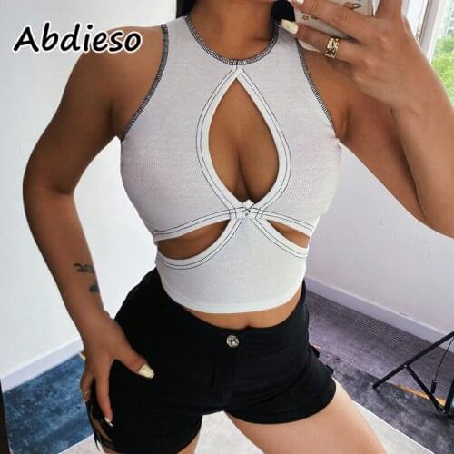 Abdieso Ribbed Sexy Cut Out Y2K Crop Top Women Streetwear White 2021 ONeck Sleeveless Basic Casual Summer Tank Top Black Fashion