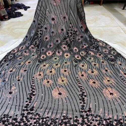 Black High Quality Nigerian Lace Fabrics African Sequins Lace Fabric Latest Bridal Tulle Lace Fabrics for Wedding Party Dress