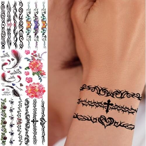 Black Totem Cross Temporary Tattoos For Women Girls Realistic Butterfly Feather Vine Fake Tattoo Unique Bracelet Tatoos Sticker