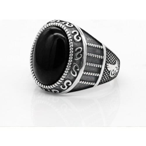 Pure 925 Sterling Silver Men Ring with Natural Black Agate Stone Ring Thai Silver Design for Men Turkish Handmade Jewelry Gift