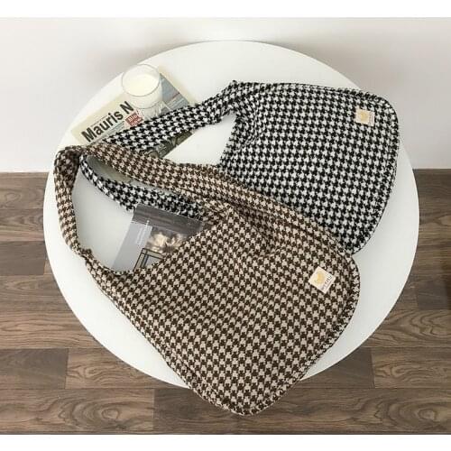 Women Canvas Shoulder Bags Houndstooth Pattern Cloth Fabric Tote Large Handbag Cute Books Bags Woolen Shopping Bag For Ladies
