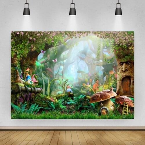 Painted Fairy Tale World Tree House Mushroom Portrait Photo Background Photographic Vinyl Backdrop Photocall Studio Booth Props