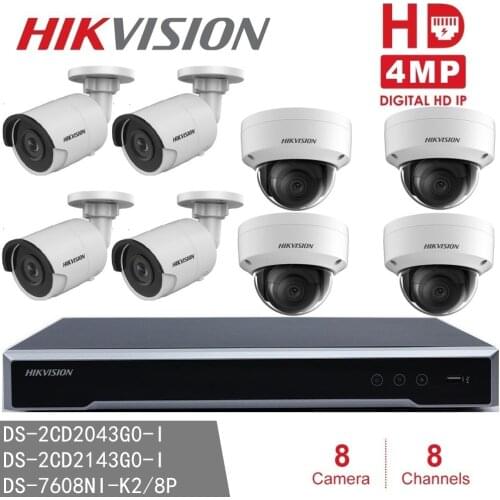 Hikvision CCTV System NVR DS-7608NI-K2/8P 8POE + 4pcs DS-2CD2043G0-I for Indoor + 4pcs DS-2CD2143G0-I for Outdoor IP Camera