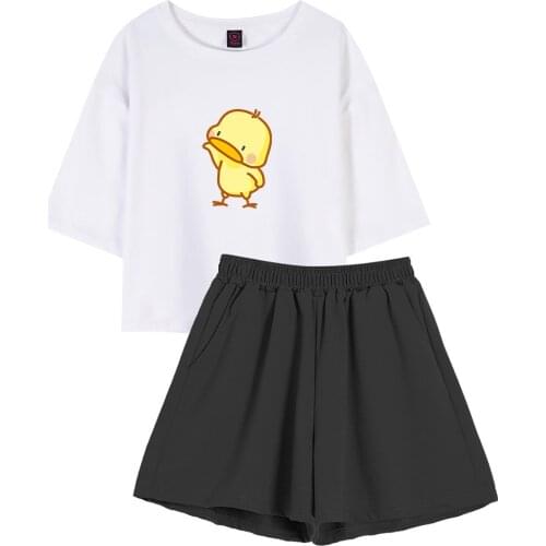 Summer Vintage Pastel Bedroom Set Kawaii Cartoon Duck T Shirt Cotton Harajuku Tops Short Sleeve Outdoors Shorts for Women Sets