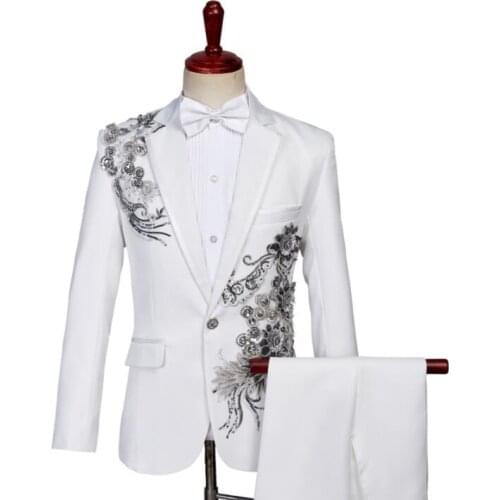 White Blazer men groom suit set with pants mens Sequin suits costume singer star style traje hombre stage clothing formal dress